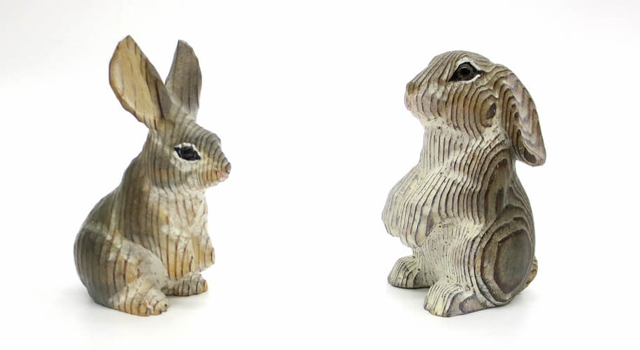 hand carved wooden rabbits