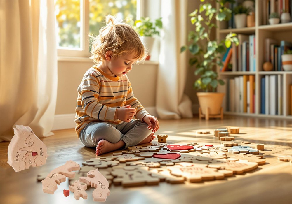 Child developing cognitive skills with wooden family puzzle