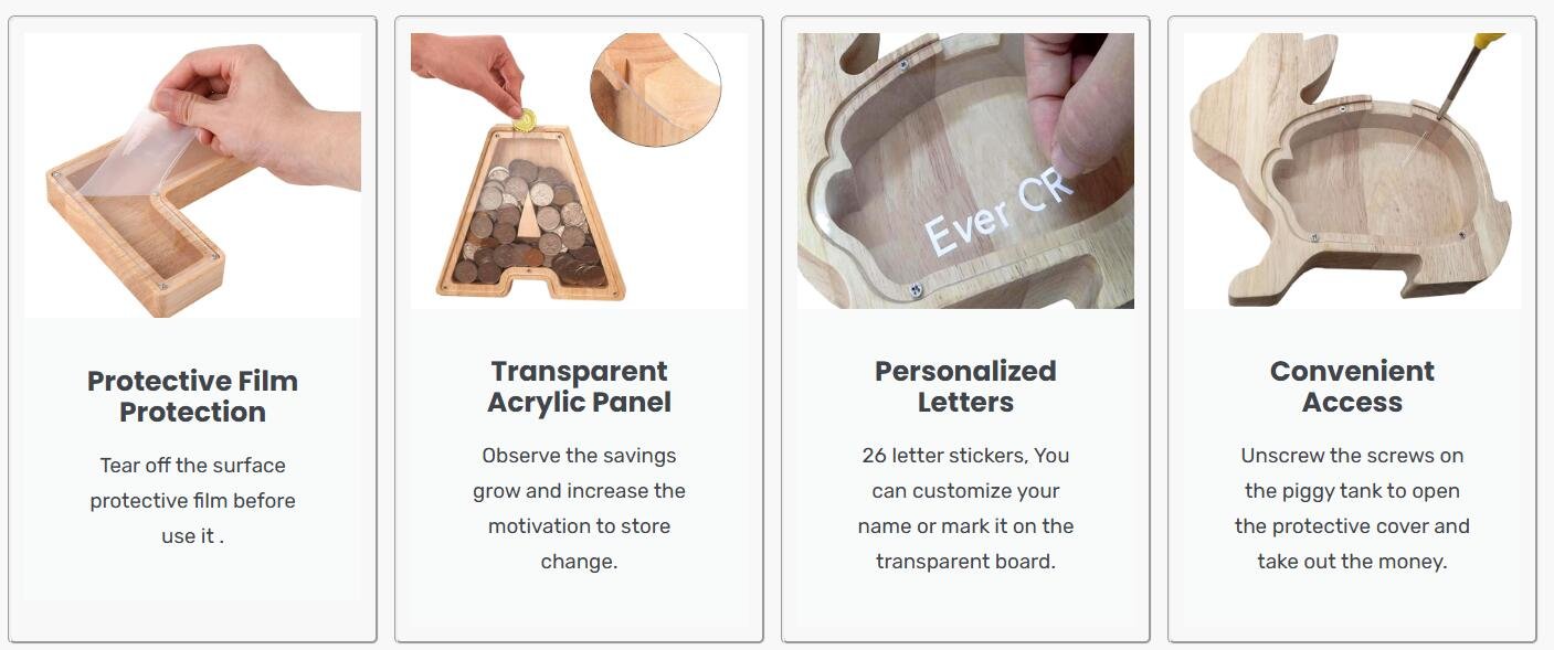 Variety of personalized wooden piggy banks showing different engraving styles and customization options