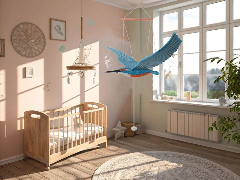 Handcrafted Wooden Bird Mobile in Natural Light