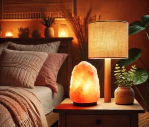 Himalayan salt night light glowing softly on a wooden nightstand