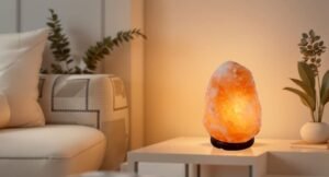 Himalayan salt night light creating a cozy bedroom ambiance