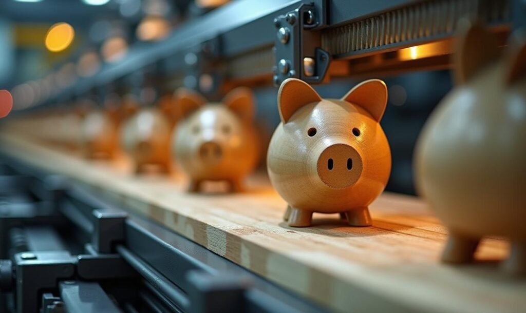 Modern production line for custom wooden piggy banks with quality control stations