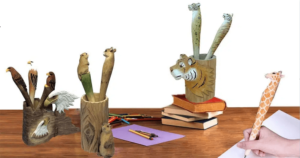 Handcrafted wooden pen with intricate carvings