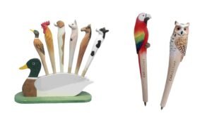 Custom wooden pens showcasing brand designs