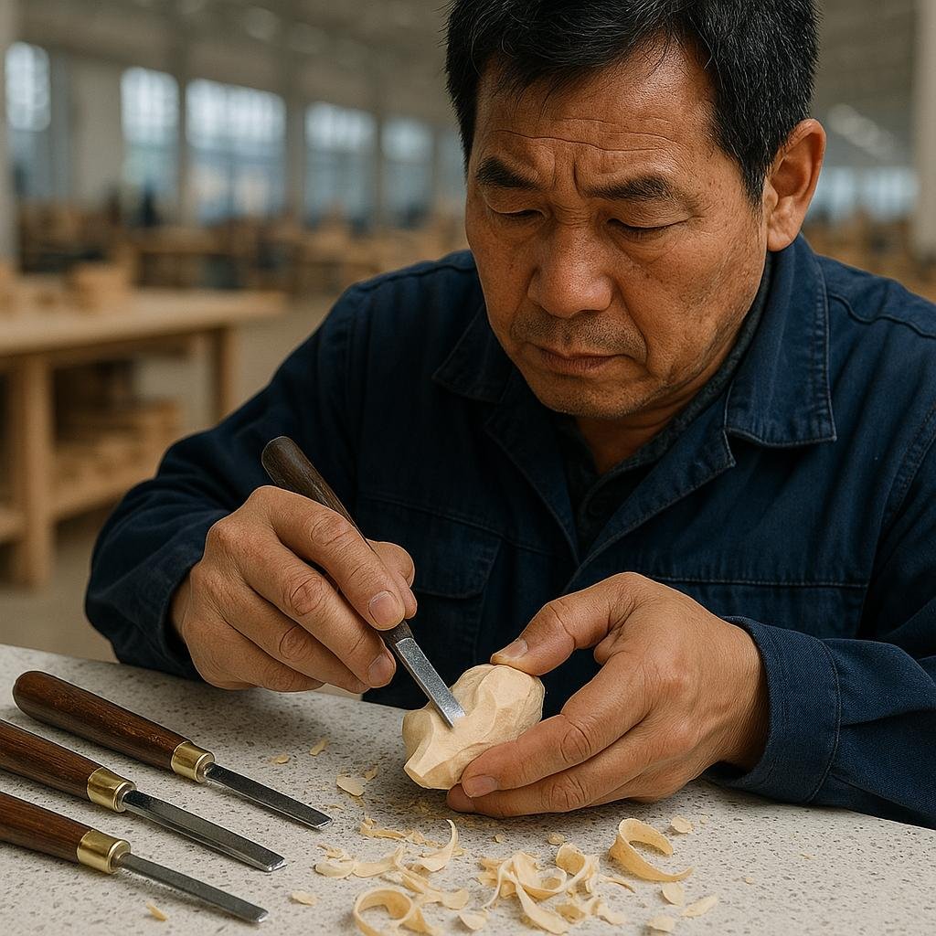 Skilled craftsman shaping wood in factory