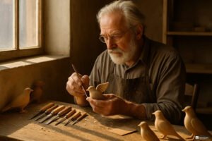 Carver crafting wood carving birds with personal storytelling in 2023